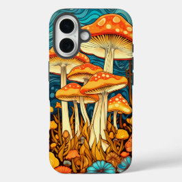 Künstlerische Retro-Pilzforst-Illustration iPhone 16 Hülle