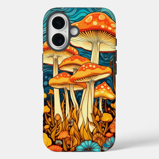 Künstlerische Retro-Pilzforst-Illustration iPhone 16 Hülle (Rückseite)