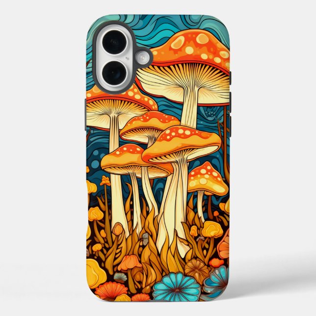 Künstlerische Retro-Pilzforst-Illustration iPhone 16 Plus Hülle (Rückseite)