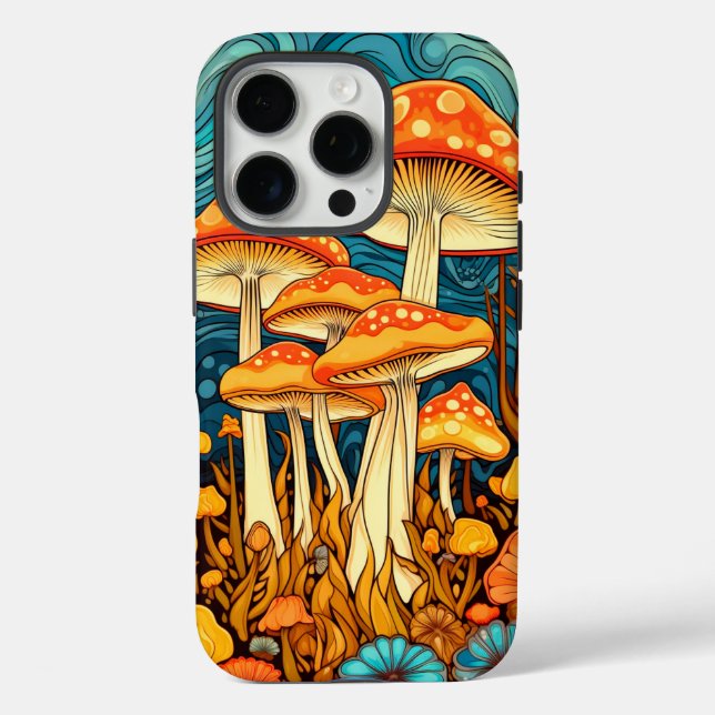 Künstlerische Retro-Pilzforst-Illustration iPhone 16 Pro Hülle (Rückseite)