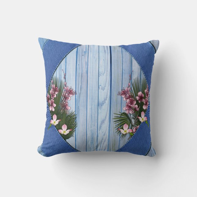 Künstlerische, rosa Blume auf blauem Holzstoff-Tex Kissen (Vorderseite)