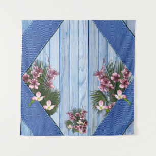 Künstlerische, rosa Blume auf blauem Holzstoff-Tex Wandteppich