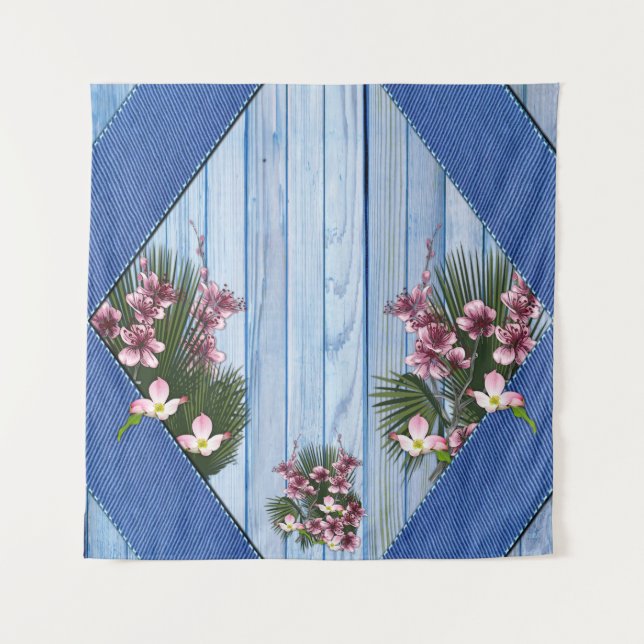 Künstlerische, rosa Blume auf blauem Holzstoff-Tex Wandteppich (Vorderseite)