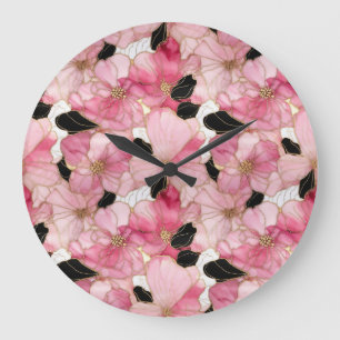 Künstlerische rosa Blüten schwarze Tinte Abstract Große Wanduhr