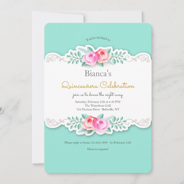 Künstlerische Rose Einladung Quinceañera (Vorderseite)