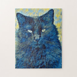 Künstlerische schwarze Katze im Blauen Rätsel