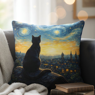 Künstlerische schwarze Katze und himmlische Stadt  Kissen