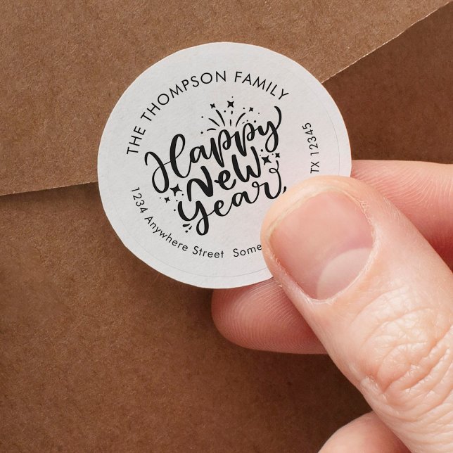 Künstlerische Script-Rückgabeadresse für Happy New Runder Aufkleber (Von Creator hochgeladen)