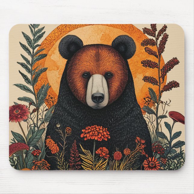 Künstlerischer Bär unter lebendigen botanischen Bl Mousepad (Vorne)