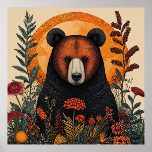 Künstlerischer Bär unter lebendigen botanischen Bl Poster