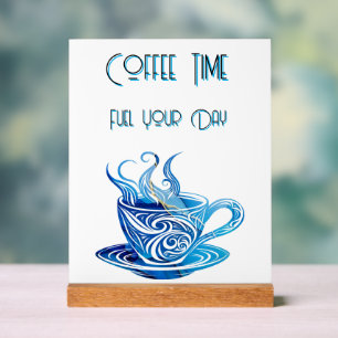 Künstlerischer Blue Coffee Cup mit wirbelnden Must Acrylschild