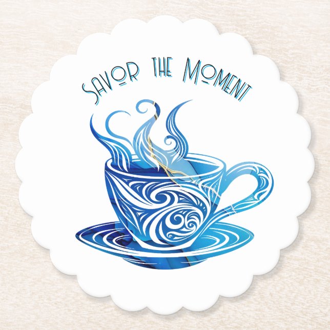 Künstlerischer Blue Coffee Cup mit wirbelnden Must Untersetzer (Vorderseite)