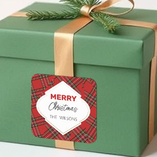 Künstlerischer Frohe Weihnachten Tartan Burgunder Quadratischer Aufkleber