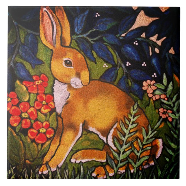 Künstlerischer Hase Wald William Morris Hell Fliese (Vorderseite)
