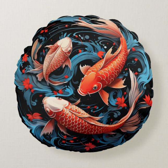 Künstlerischer Koi Fisch mit schwarzer Basis Rundes Kissen (Vorderseite)