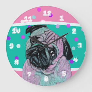 Künstlerischer Mops-Hund im rosa und grünen Tür Große Wanduhr