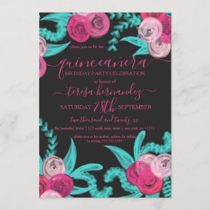 Künstlerischer Neon Rosa Aquamarine Blume Quinceañ Einladung