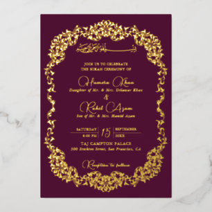 Künstlerischer Pflaumen-Gold-Blumen-Paisley-Muslim Folieneinladung