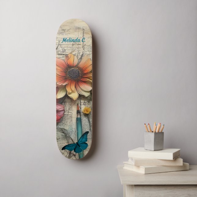 Künstlerischer Vintager Skate Floral & Butterfly Skateboard (Wandkunst)
