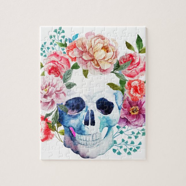 Künstlerischer Watercolorschädel und -Blumen (Vertikal)
