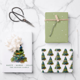 Künstlerischer Weihnachtsbaum Wasserfarbe Fröhlich Geschenkpapier Set