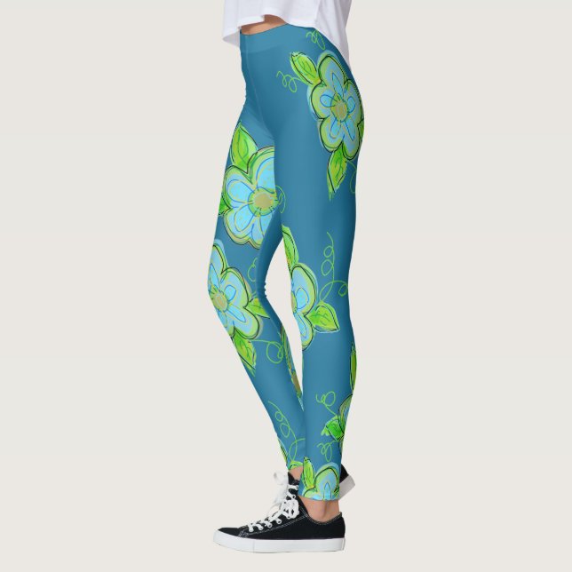Künstlerisches Blau und grüne Blüten Leggings (Links)