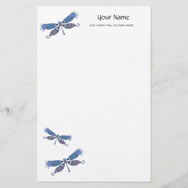 Künstlerisches blaues Dragonfly Linen Stationieren Briefpapier (Vorderseite)