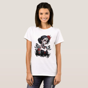 Künstlerisches Blumenschädel T-Shirt für Frauen -