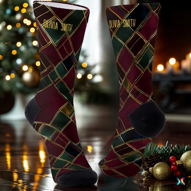 Künstlerisches Burgund und Kariertes Weihnachtsfes Socken (Von Creator hochgeladen)