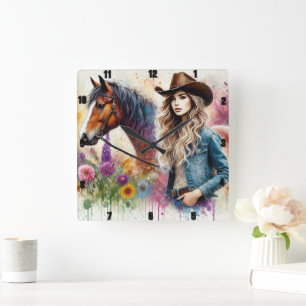 Künstlerisches Cowgirl und Pferd mit pulsierender  Quadratische Wanduhr