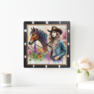 Künstlerisches Cowgirl und Pferd mit pulsierender  Quadratische Wanduhr
