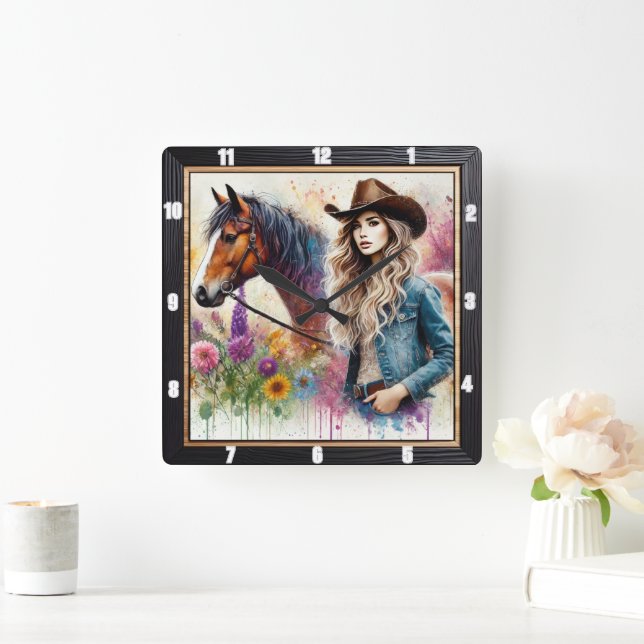 Künstlerisches Cowgirl und Pferd mit pulsierender  Quadratische Wanduhr (Zuhause)
