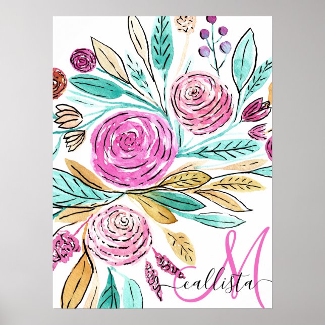 Künstlerisches elegantes rosa Aquamarines Aquarell Poster (Vorne)