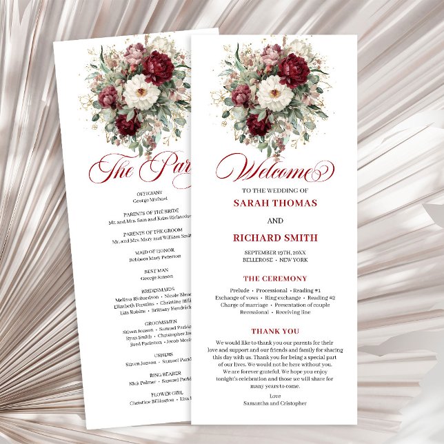 Künstlerisches Erröten Burgunder Grüne Hochzeitspr Programm (Artistic Blush Burgundy Greenery Wedding Program)