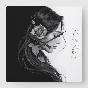 Künstlerisches Frauenprofil mit Rose in Monochrome Quadratische Wanduhr