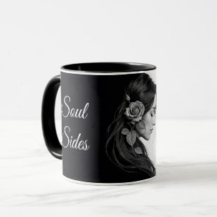 Künstlerisches Frauenprofil mit Rose in Monochrome Tasse