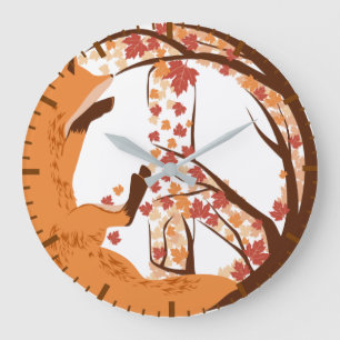 Künstlerisches Fuchs-Friedenszeichen-Herbstlaub-Ba Große Wanduhr