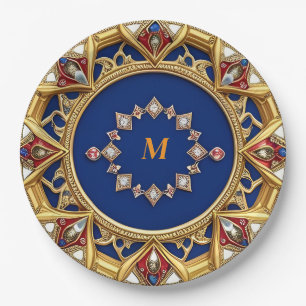 Künstlerisches goldenes Ornament im mittelalterlic Pappteller