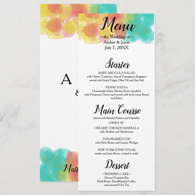 Künstlerisches Gouache Watercolor Wedding Menu Menükarte (Vorne/Hinten)