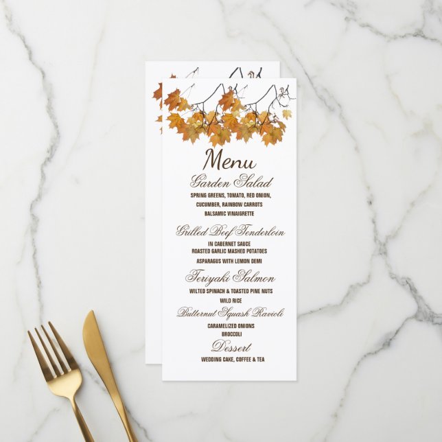 Künstlerisches Hochzeitsmenü für Herbst Menükarte (Vorderseite/Rückseite Beispiel)