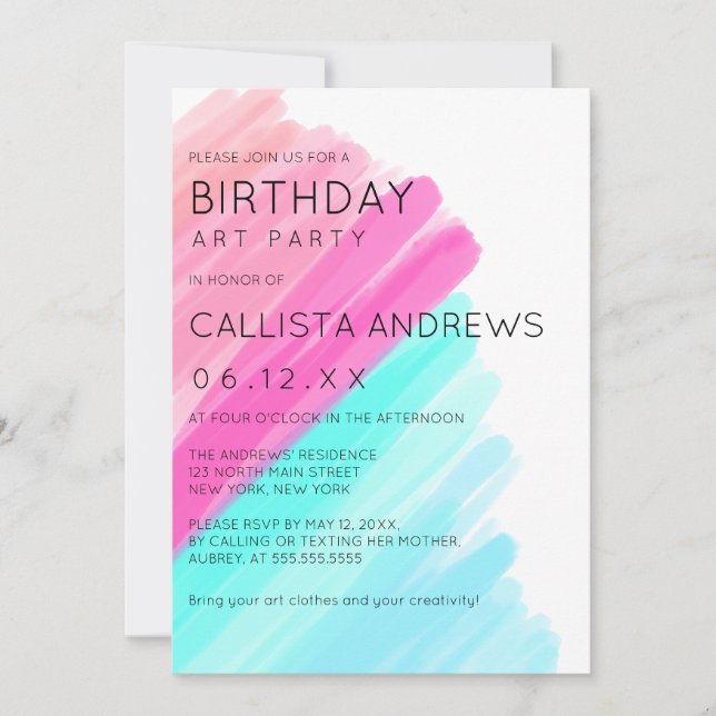 Künstlerisches Minimalistisches Rosa Aqua Einladung (Vorderseite)