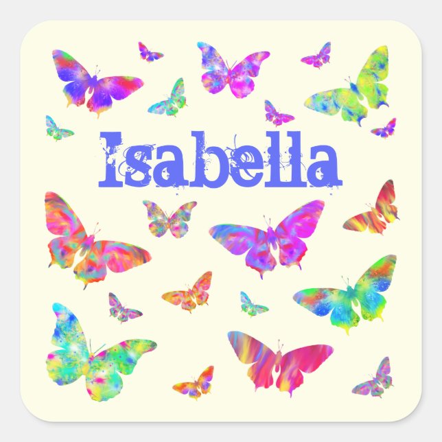 Künstlerisches Schmetterlingsmuster Isabella Name Quadratischer Aufkleber (Vorderseite)