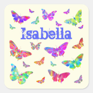 Künstlerisches Schmetterlingsmuster Isabella Name Quadratischer Aufkleber