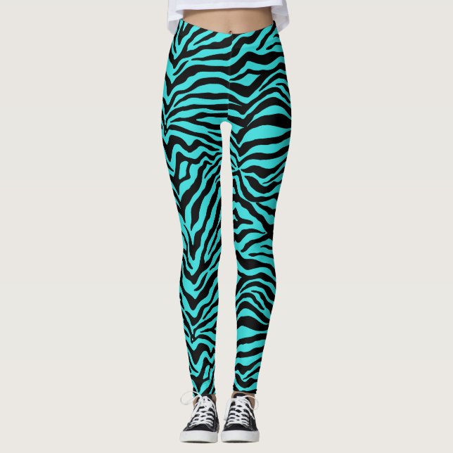 Künstlerisches Schwarz Türkis Funky Zebra Druckmus Leggings (Vorderseite)