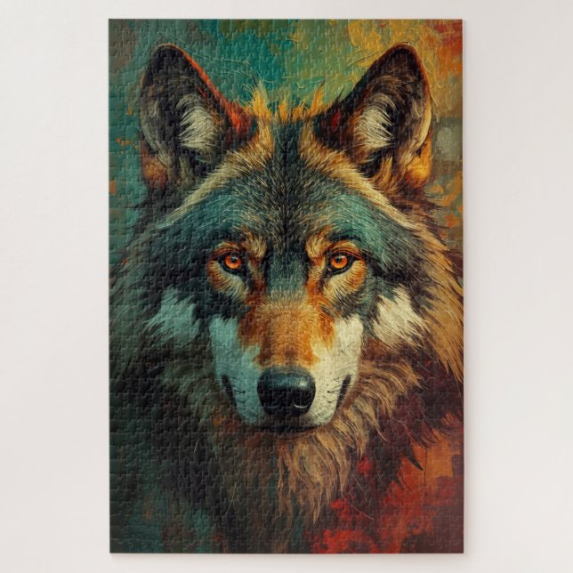 Künstlerisches Wolf-Portrait - lebendige Ölmalerei (Vertikal)