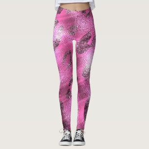 Künstlich Folie Glänzender Look Silber & Rosa Leop Leggings
