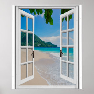 Künstliche Fensteransicht des tropischen Strandes Poster
