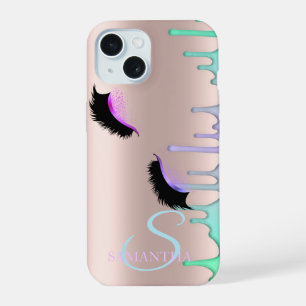 Künstliche Wimpern Regenbogen-Tropfen Roségold iPhone 15 Hülle
