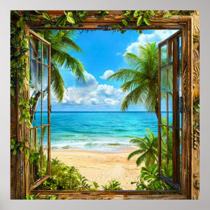 Künstliches Fenster Tropischer Strand Ozeanblick D Poster