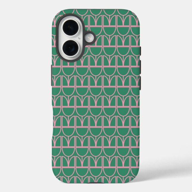 Kunstmuster der grünen und rosa Blumenlinie iPhone 16 Hülle (Rückseite)